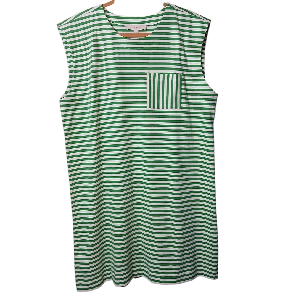 LOFT Green White Striped Pocket Midi Dress Casual Sleeveless Boxy Dress NWT